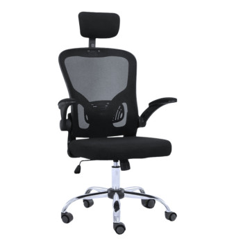 Cadeira de Escritório Preta Reclinável Com Encosto de Cabeça Base Giratória Cromada